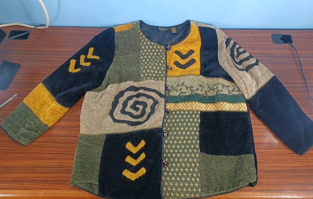 Vintage 90's Allure Blazer Jacket Geometric Design Black Green Golden Retro Fun